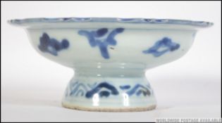 A 19th century Chinese blue and white small tazza / pen dish. Decorated with dragon motif.