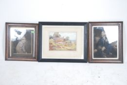 2 portrait lithographs of a 19th century girl along with a framed and glazed country scene of a