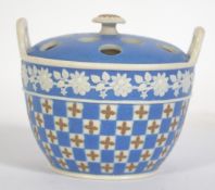 A 19th century Spode Jasperware chequer board pot pourri twin handled miniature basket and cover.
