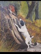 A stunning 20th century oil on board painting of a hunting scene depicting a fox terrier on hind