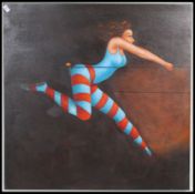 A large retro 20th century acrylic painting on canvas of a young female trapeze artist ass she