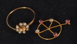 A 9ct gold seed pearl daisy ring together with a 9ct gold pendant decorated with seed pearls and