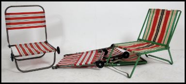 2 retro 1950's striped canvas folding childs deck chairs together with another pair of childs deck