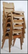 A set of 6 mid century stacking school - village hall chairs on panel wood construction being