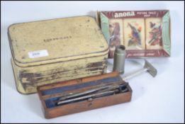 A mixed lot to include a vintage Sandwich tin, unused 1940's Picture Soaps, shaving brush,