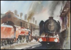 Brian Lancaster GRA. A Watercolour Painting of steam locomotives at stations - factory.