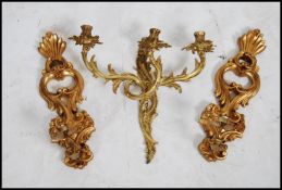 A gilt metal 3 branch wall sconce candelabra,