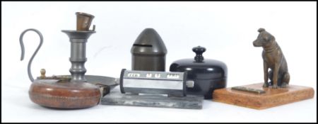 A dealers lot to include a bronze HMV dog set on wooden plinth together with a silver plate desk