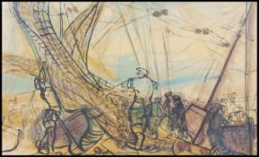 Ben Maile (British 1922) A Cornish mixed media painting of a Cornish fisherman and sail boat scene