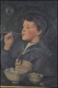 A framed oil on canvas English School three quarter portrait study of a young boy blowing bubbles