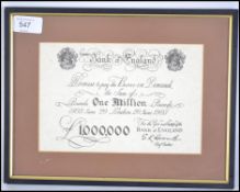 A framed and glazed limited edition 174 / 2500 One Million Pound Bank Note as used in the 1954 Rank