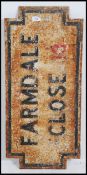 A cast iron Worboys type early to mid century original Liverpool street sign for Farmdale Close.