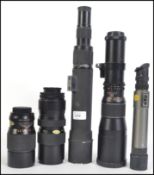 A collection of camera lenses to include Mirage F=400m zoom lens, Auto Chinon 1.