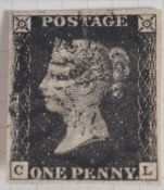 1d Penny Black. First stamp ever issued. Maltese cross postmark. Four clear square margins.