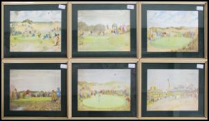 A set of 6 Ionicus Golfing Framed Watercolour prints - Drawings Titled ' The Depicting Royal