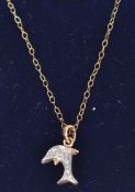 A 9ct gold pendant necklace strung with a diamond set dolphin pendant the chain having a spring