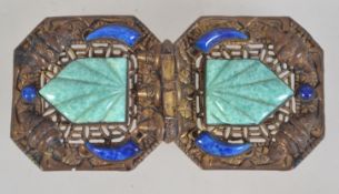 A Czech filigree belt buckle set with peaking glass panels and glass. Possibly Neiger.