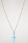 A white metal enamel and seed pearl crucifix pendant necklace marks to crucifix.