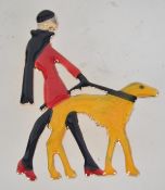 A vintage enamel Art deco style figural brooch pin in the form of a lady walking a bolshoi dog with
