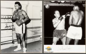 A framed signed photographic presentation of the boxers Muhammad Ali and Sir Henry Cooper,