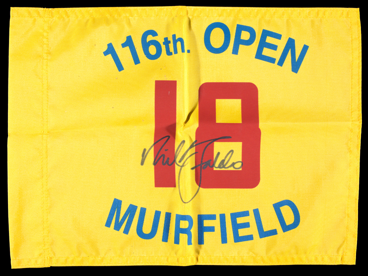 A 1987 Muirfield 116th Open Championship souvenir 18th Hole pin flag signed by the winning golfer