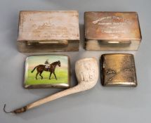 Racing themed smoking accessories, i) silver & enamel cigarette case, hallmarked Birmingham,