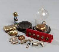 Miscellany of small racing-themed objects, a Swiss pocket watch (with stand, key & dome),