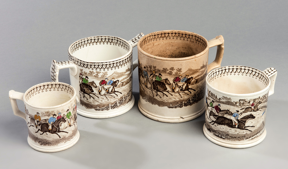 A group of four Victorian gradated Staffordshire pottery "Steeple Chase" tankards by J & R Godwin,