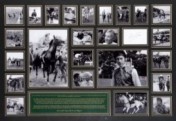 Signed Lester Piggott photo montage, mounted with a signed white index card,