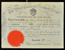 Great Britain The West Cornwall Railway Company Share Certificate 1846 (25 mile line opened to