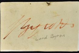Lord Byron 1788 – 1824 Signed Clipping attached to verso of 18th Century ledger, in ink, overall