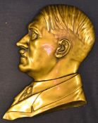 Adolf Hitler Bust Plaque stamped HVB Schmidt-Hofer to the bottom, metallic with gold gilt, measuring
