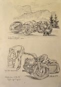 Original Art Roman Zenzinger Soldier maintaining his motorcycle sidecar combination in an Alpine