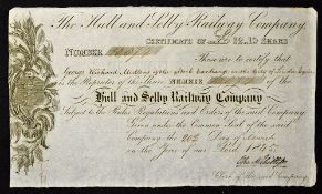 Great Britain The Hull and Selby Railway Company Share Certificate 1845 for one share, attractive