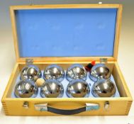 Set of Boules complete with wooden box with leather handle, complete with 8x boules and 1x wooden