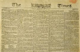 The Times Newspaper 1815 dated 24 July with contents relating to post Waterloo news; Congress of