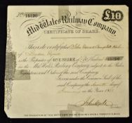 Great Britain Mid Wales railway Co. Share Certificate for one £10 share dated 1663, tear & tape