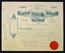 Great Britain Butts Mills Ltd. Share Certificate 1938 Leigh Lancs. Cotton Spinners share