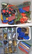 Large Quantity of Meccano mainly red and green, with a quantity of brass cogs in a plastic box