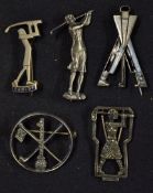 Silver Golfing Brooch selection including Hole in One brooch, 1930s lady golfer clip, Silver lady