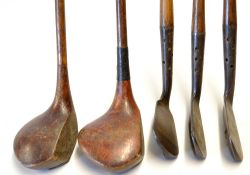 3x J.B Halley Maxwell style flanged sole irons and 2x socket head woods to include an iron, a mid