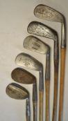 6 assorted golf irons to include driving iron, mashie, m/niblick and niblick - makers include Tom