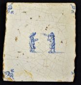 Battledore: rare Delft blue and white tile c.1660 - with fleur de lys decorative corners and 2 men