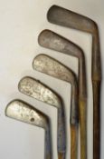 4x W Park, Musselburgh cleeks and W Park, Musselburgh patent bent neck putter - all fitted with full