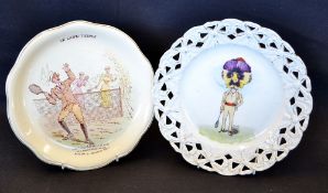 2x amusing lawn tennis ceramic plates c.1900 - to incl a French made amusing plate with an
