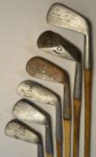 6x Assorted irons with various face markings including a Harry Vardon signature mashie by Tom