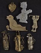 Silver Golf Bag Charms also including Heart with crossed clubs, Golf Club & Birdie brooch, 2x