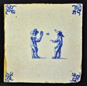 Battledore: rare Delft blue and white tile c.1660 - with fleur de lys decorative corners and 2 men