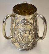 Fine and rare large cricket silver three handle tyg c.1870 - hallmarked London 1872 c/w makers