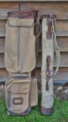 2 canvas and leather golf bags to include slightly larger oval bag with large side pockets, separate